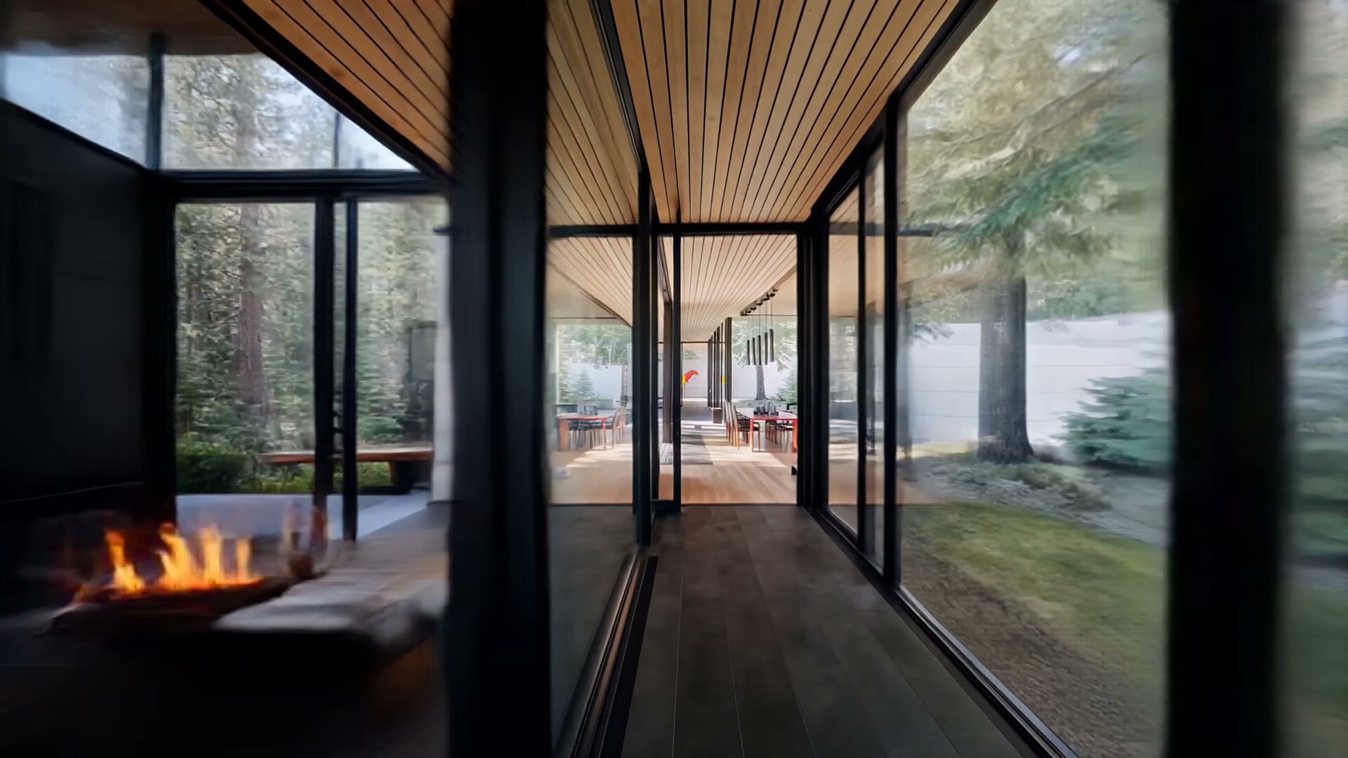 Glass corridor framing the forest on both sides