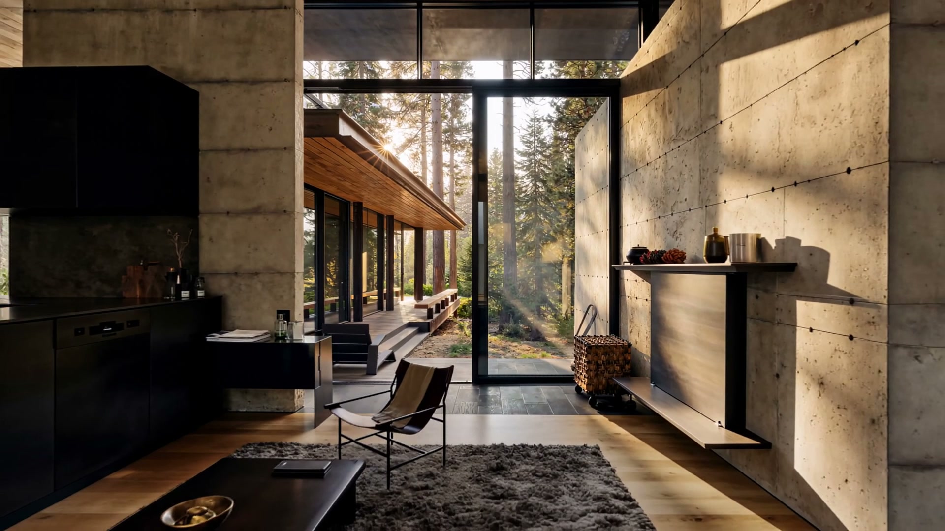 Concrete interior with leather chair and tall glazing to forest
