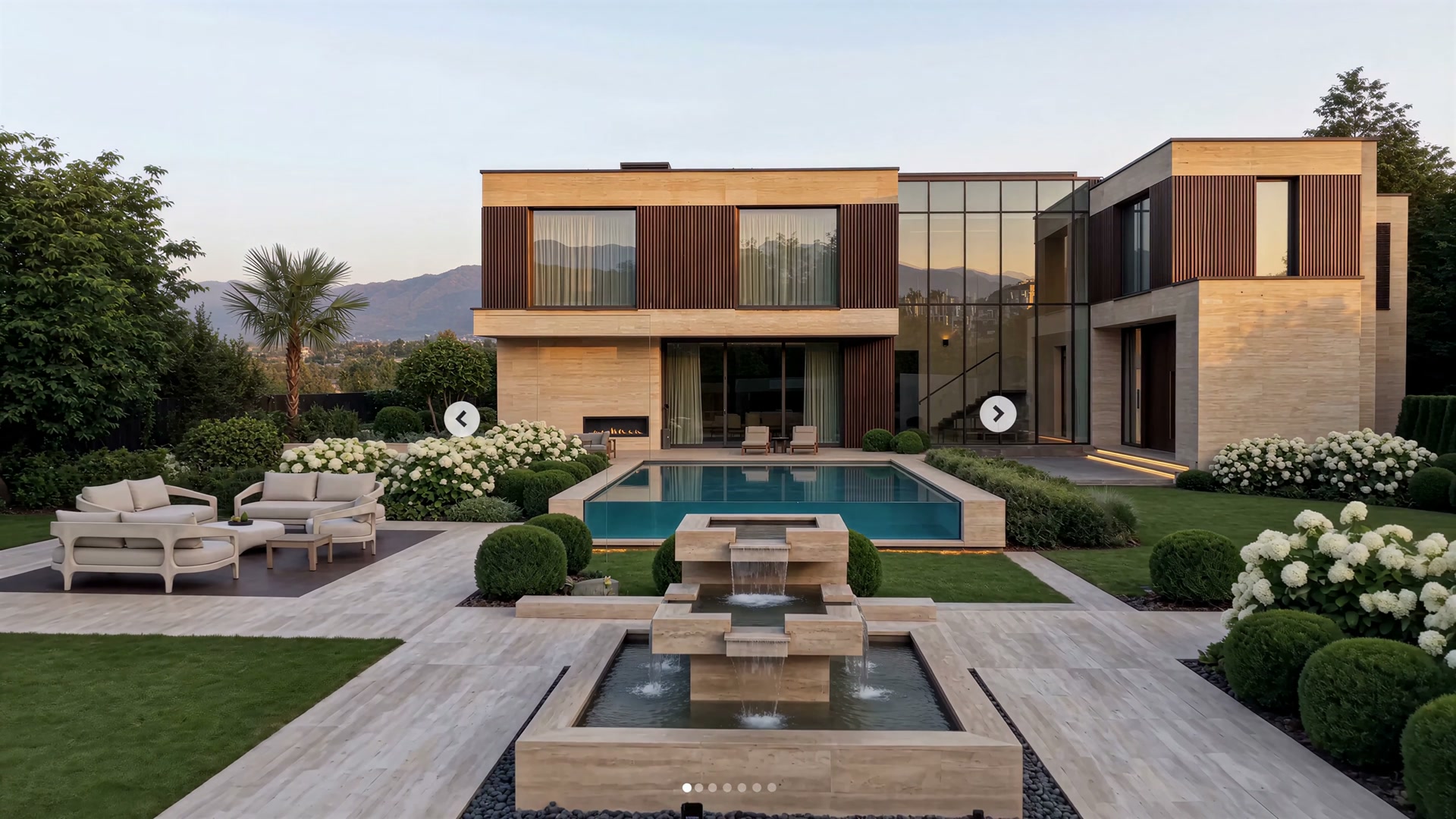 Rear garden with stepped reflecting pool and the house behind